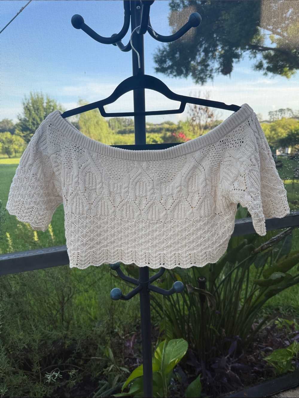 ba&sh Cream Lace-Knit Off-Shoulder Crop Sweater